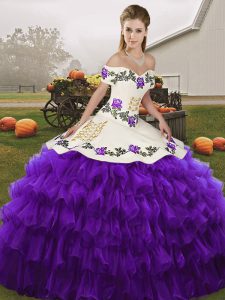 Custom Made White And Purple Off The Shoulder Neckline Embroidery and Ruffled Layers Sweet 16 Dress Sleeveless Lace Up