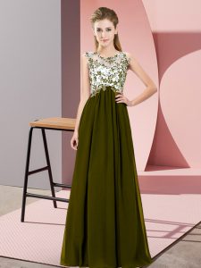 Scoop Sleeveless Quinceanera Court of Honor Dress Floor Length Beading and Appliques Olive Green Chiffon