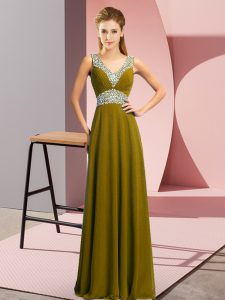 Olive Green Empire V-neck Sleeveless Chiffon Floor Length Lace Up Beading Prom Dress