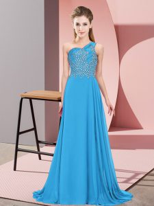 Dynamic Blue Prom Dress Prom and Party with Beading One Shoulder Sleeveless Side Zipper