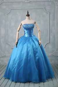 Baby Blue Ball Gowns Beading and Sequins Sweet 16 Dress Lace Up Organza Sleeveless Floor Length