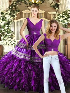 New Arrival Floor Length Purple 15th Birthday Dress Organza Sleeveless Beading and Embroidery and Ruffles