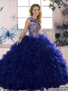 Captivating Organza Scoop Sleeveless Lace Up Beading and Ruffles Vestidos de Quinceanera in Purple