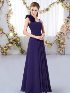 Purple Empire Straps Sleeveless Chiffon Floor Length Lace Up Hand Made Flower Dama Dress