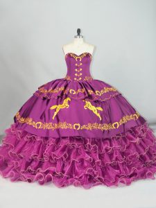 Designer Purple Satin and Organza Lace Up Sweetheart Sleeveless Quinceanera Dress Brush Train Embroidery and Ruffles