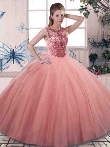 Floor Length Ball Gowns Sleeveless Watermelon Red Sweet 16 Dresses Lace Up