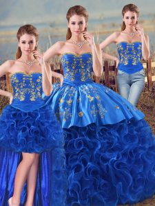 Royal Blue Fabric With Rolling Flowers Lace Up 15th Birthday Dress Sleeveless Floor Length Embroidery and Ruffles