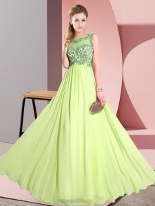 Modest Yellow Green Empire Chiffon Scoop Sleeveless Beading and Appliques Floor Length Backless Dama Dress for Quinceanera