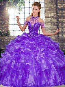 Ball Gowns Sweet 16 Quinceanera Dress Purple Halter Top Organza Sleeveless Floor Length Lace Up