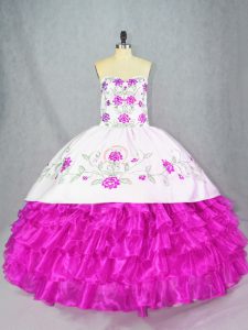 Simple Fuchsia Ball Gowns Sweetheart Sleeveless Organza Floor Length Lace Up Embroidery and Ruffled Layers Quince Ball Gowns
