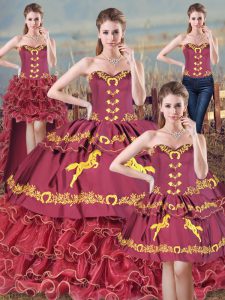 Classical Brush Train Ball Gowns Sweet 16 Dress Burgundy Sweetheart Satin and Organza Sleeveless Lace Up