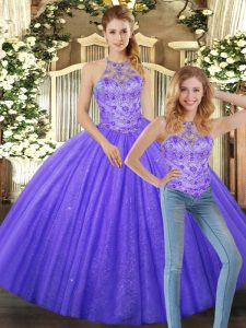 Deluxe Lavender Two Pieces Tulle Halter Top Sleeveless Beading Floor Length Lace Up Sweet 16 Dress