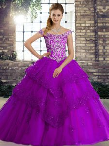 Artistic Brush Train Ball Gowns Sweet 16 Quinceanera Dress Purple Off The Shoulder Tulle Sleeveless Lace Up