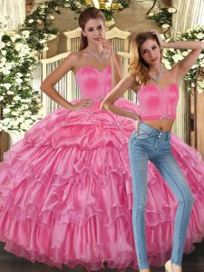 Beading and Ruffles and Pick Ups Vestidos de Quinceanera Pink Lace Up Sleeveless Asymmetrical