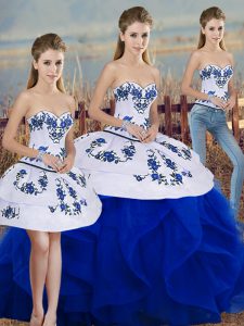 Customized Floor Length Lace Up Sweet 16 Dress Royal Blue for Military Ball and Sweet 16 and Quinceanera with Embroidery and Ruffles and Bowknot