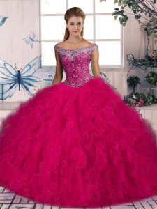 Hot Pink Quinceanera Dress Sweet 16 and Quinceanera with Beading and Ruffles Off The Shoulder Sleeveless Brush Train Lace Up