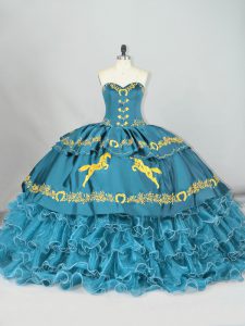 Sweetheart Sleeveless Brush Train Lace Up 15th Birthday Dress Teal Satin and Organza