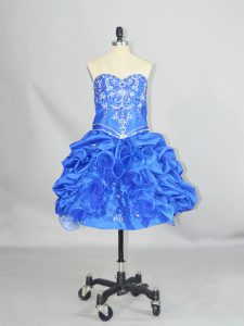 Most Popular Blue Organza and Taffeta Lace Up Sweetheart Sleeveless Mini Length Homecoming Dress Beading and Ruffles and Pick Ups