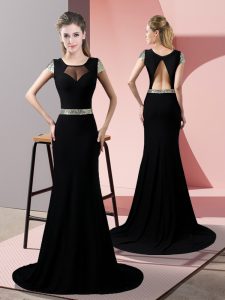 Black Backless Formal Dresses Sequins Short Sleeves Sweep Train