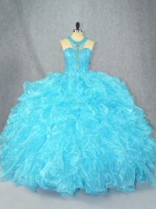 Scoop Sleeveless Ball Gown Prom Dress Floor Length Beading and Ruffles Baby Blue Organza