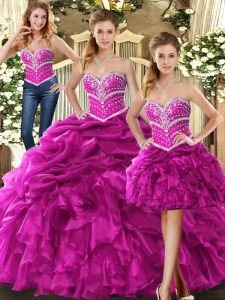 Organza Sweetheart Sleeveless Lace Up Beading and Ruffles Quince Ball Gowns in Fuchsia
