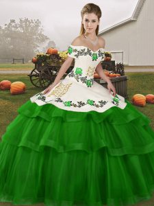 Green Quinceanera Gown Military Ball and Sweet 16 and Quinceanera with Embroidery and Ruffled Layers Off The Shoulder Sleeveless Brush Train Lace Up