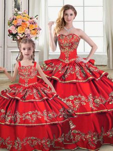 Red Ball Gowns Sweetheart Sleeveless Satin and Organza Floor Length Lace Up Embroidery and Ruffled Layers Sweet 16 Dress