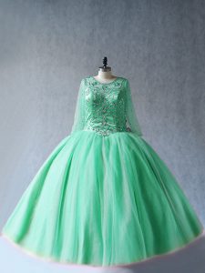 Apple Green Long Sleeves Beading Floor Length Sweet 16 Dress