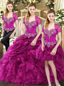 Dazzling Organza Sleeveless Floor Length Quince Ball Gowns and Beading and Ruffles and Pick Ups