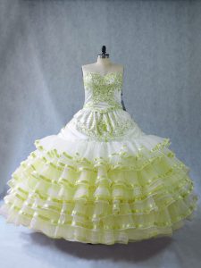 Unique Yellow Green Sweetheart Neckline Embroidery and Ruffled Layers Quinceanera Gowns Sleeveless
