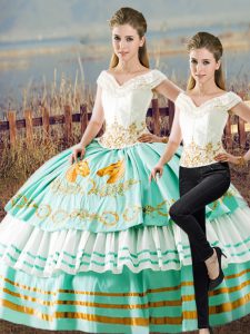 Sleeveless Satin and Organza Floor Length Lace Up Vestidos de Quinceanera in Apple Green with Embroidery and Ruffled Layers
