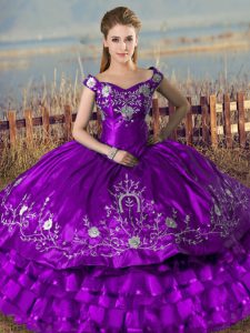 High Quality Ball Gowns Quinceanera Dresses Purple Off The Shoulder Satin and Organza Sleeveless Floor Length Lace Up