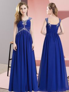 Flare Straps Sleeveless Lace Up Evening Dress Royal Blue Chiffon