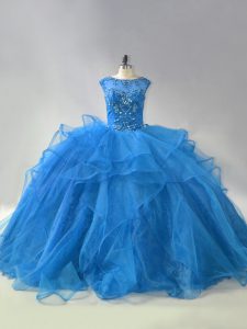 Fitting Sleeveless Beading and Ruffles Lace Up Quinceanera Dresses with Blue Brush Train