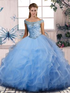 Blue Lace Up Off The Shoulder Beading and Ruffles Quinceanera Dresses Tulle Sleeveless