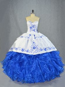 Sweetheart Sleeveless Brush Train Lace Up Sweet 16 Dresses Blue And White Organza