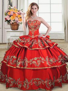 Red Satin and Organza Lace Up Quinceanera Dress Sleeveless Floor Length Embroidery and Ruffled Layers