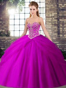 Simple Tulle Sleeveless Quinceanera Dresses Brush Train and Beading and Pick Ups