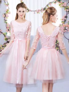 Wonderful Half Sleeves Tulle Tea Length Lace Up Damas Dress in Baby Pink with Lace and Belt