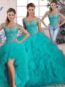 Sumptuous Aqua Blue Off The Shoulder Lace Up Beading and Ruffles Sweet 16 Dresses Brush Train Sleeveless