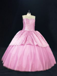 Pretty Pink Ball Gowns Scoop Sleeveless Tulle Floor Length Lace Up Beading Sweet 16 Dresses