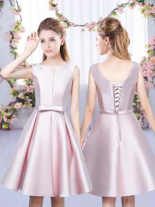 Dynamic V-neck Sleeveless Satin Dama Dress for Quinceanera Bowknot Lace Up