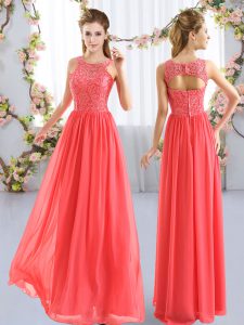 Coral Red Empire Lace Vestidos de Damas Zipper Chiffon Sleeveless Floor Length