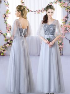 Suitable Floor Length Lace Up Vestidos de Damas Grey for Wedding Party with Appliques