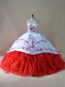 White And Red Sleeveless Court Train Embroidery Quinceanera Dresses
