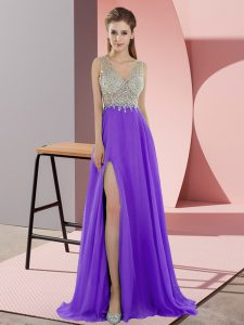 Clearance Sleeveless Beading Zipper Prom Party Dress with Lavender Sweep Train