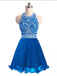 Lovely Blue Chiffon Lace Up Halter Top Sleeveless Mini Length Prom Gown Beading