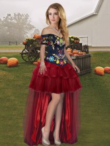 High Class Wine Red Off The Shoulder Lace Up Embroidery and Ruffled Layers Prom Dress Sleeveless