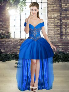 Modest Royal Blue A-line Beading Evening Dress Lace Up Tulle Sleeveless High Low