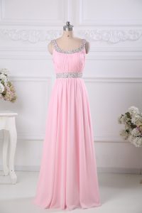 Stylish Baby Pink Empire Scoop Sleeveless Chiffon Floor Length Side Zipper Beading and Ruching Prom Gown